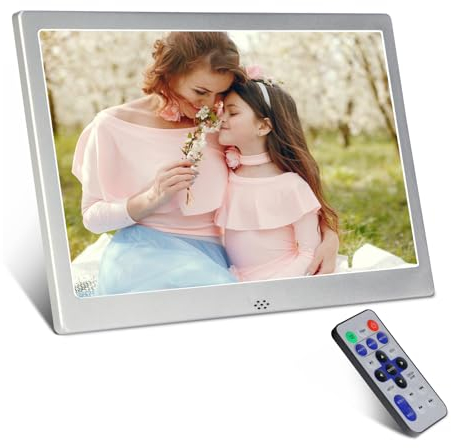 Cornice digitale 10 pollici, cornice elettronica calendario/funzione orologio/musica/lettore foto/video con telecomando, supporto scheda USB/SD (argento)