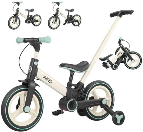 JMMD 6-in-1 Toddler Bike with Training Wheels and Pedals, 12 inch Convertible and Foldable Balance Bike & Pedal Bike with Adjustable Parent Handle, Kickstand, Brakes for kids, Age 18 Months-5 Years
