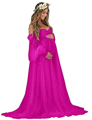 Beyonddress Perlen Umstandskleider Fotoshooting Tüll Langarm Schwangere Kleider Festlich Hochzeit Elegant Abendkleider Umstandsmode,Fuchsie,S/M
