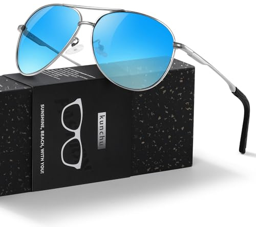 kunchu Pilot Sunglasses Mens Polarized Sunglasses Unisex UV400 Protection Black Sunglasses Driving, Fishing,Running Classic Ultra Light Shades Silver Blue