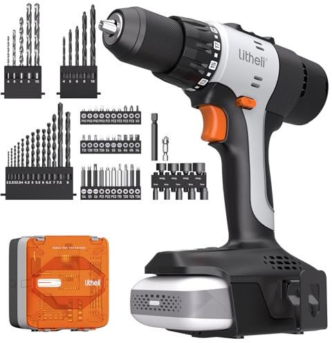 Litheli 20V Akku Bohrschrauber Set mit 10000mAh Akku, 64-teiliges Bohrer-Set，21+1 Akkubohrer 50Nm Drehmoment Max,2-Gang, LED-Licht für Reparatur & DIY