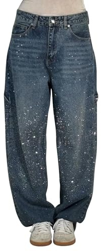 Jeans Donna con Glitter Vita Alta Baggy, 2025 Primavera Moda Pantaloni Denim con Strass Curvy Pantaloni Glitter Larghi Pantalone Brillantini Casual Jeans Lucidi Dritti a Gamba Larga