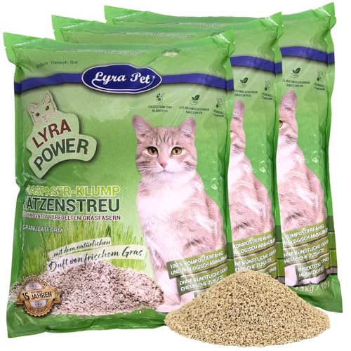 Lyra Pet® | 3 x 10 Liter Lyra Power Grasfaser Klump Katzenstreu | Natürliche, biologisch abbaubare Klumpstreu | 500% Saugkraft | Auch für empfindliche Katzen | Staubarm für eine saubere Wohnung