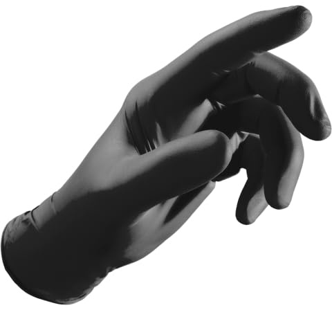 FERRETERIA LEPANTO Guantes de nitrilo desechables multiusos sin polvo, caja de 100 guantes y extra fuertes. (Negro, S)