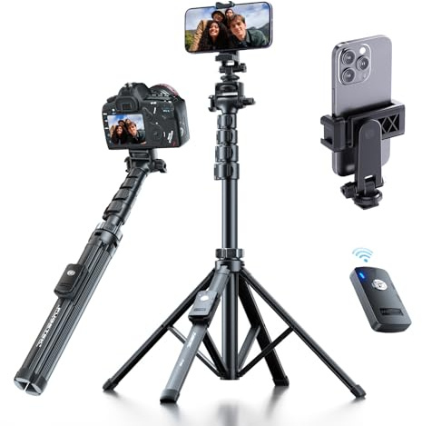 Fugetek 62 Professional Cell Phone Tripod, Ultra Stable 4 Leg Design, Bluetooth Remote, 100% All Aluminum Stick & Legs, Portable All in One, 360° Phone Mount with 2 Cold Shoe Slots, Non Skid Feet