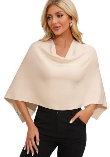 PULI Women Beige Capri Poncho Sweater Slim Fit Cropped Versatile Shawl Soft Knit Wraps Cowl Neck Short Tops