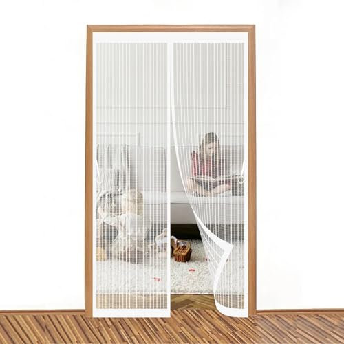 Fliegengitter Magnet Tür 104 x 120 cm Anpassbar, Lichtdurchlässig, Einfache Montage, Selbstschließend, Wärmeschutzvorhang Magnet für Fenster, Zimmertür, Veranda, Weiß