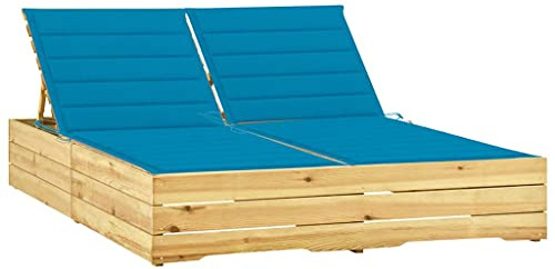HaoChrymec Bain de Soleil Double, Transat Jardin Exterieur 2 Places en Pin Imprégné, Dossier Réglable, avec Coussins Bleus, pour Jardin, Terrasse, Piscine, 198 x 135 x 30-75 cm