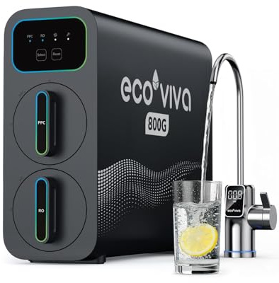 Ecoviva E8 Osmoseanlage Trinkwasser, 800 GPD (3028 L/Tag) Umkehrosmoseanlage, 9-stufige Filterung RO Untertisch Osmose Wasserfilter, Reduziert TDS, 2.5:1 Spar-Verhältnis, tanklos, Schwarz