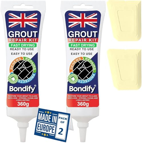 BONDIFY Waterproof Cream Grout Repair Kit Ready Mixed, 360g x 2PCs FAST DRYING, EXTRA VOLUME Anti Mould Tile Grout Reviver Cream for Shower, Bathroom, Kitchen, Quick Drying Tile Gap Filler Ready Mixed