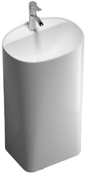 Independiente Lavabo de baño cerámica blanca una pieza con pedestal, grifo plateado y kit desagüe moderno