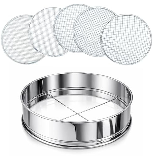 Flatro Setaccio da giardino per terreno e pietra, con telaio in acciaio inox, setaccio da giardino con 5 inserti intercambiabili a rete fine (3 mm, 5 mm, 8 mm, 10 mm, 12 mm), setaccio in metallo per