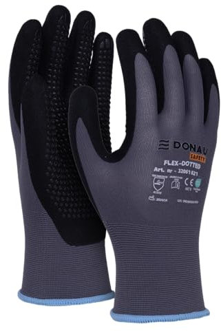 DONAU SAFETY Guanti da lavoro Flex-Dotted con pomelli antiscivolo/Taglia 09/L, 1 paio/Grigio-Nero/Guanti per montaggio meccanico/Rivestiti in nitrile, leggermente resistenti all'olio, nylon