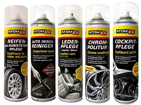 XADO Set für Polster-Reinigung und Kunststoff-Pflege - 1X Leder-Pflege + 1X Reifen- und Kunststoff-Pflege + 1x Innenreiniger + 1x Chrom-Politur + 1x Cockpitpflege
