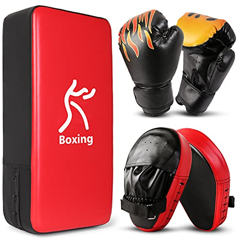 Odoland Handpratzen Set mit PU Pratzen Schlagpolster 6OZ Boxhandschuhe für Boxsack Boxen Kickboxen Boxtraining Kampfsport Pratze Thai Kick Boxen Pratzen Rot