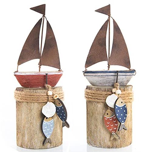 Logbuch-Verlag 2 Schiffe aus Holz & Metall zum Hinstellen und Aufhängen - Metallschiff mit Fische Deko maritim 24 cm
