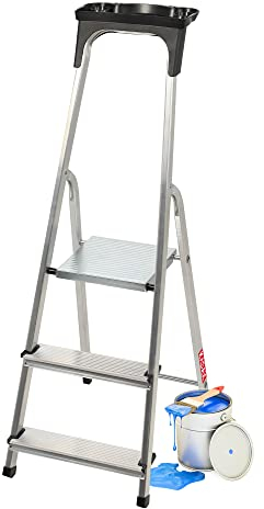 KADAX Escalera de Aluminio con 3 Peldaños Antideslizantes, Capacidad de Carga de 125 kg, Soporte para Herramientas y Diseño Plegable para Uso Doméstico