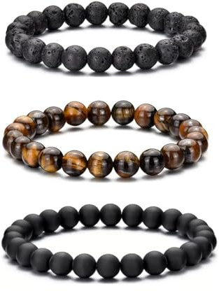 RANKEEF Tiger Eye Bracelet For Men 8MM Natural Stone Beads Bracelet Set Stretch Lava Rock Bracelets Adjustable Black Crystal Beaded Bracelet for Men Women Gifts