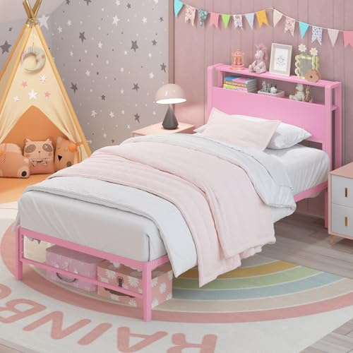Weehom Twin Bed Frames for Kids with 2 Tiers Wood Storage Shelves Headboard, Twin Size Bed No Box Spring Needed Easy Assembly Metal Platform for Girls and Adults, Pink