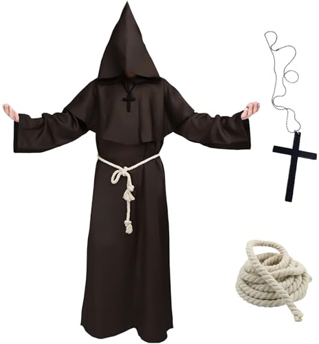 yumcute Costume da Monaco, Abito da Monaco Adulto, Costumi da Prete Halloween, Frate Medieval Rinascimentale Mantello con Cappuccio, con Collana a Croce & Corda in Vita, per feste Cosplay Carnevale