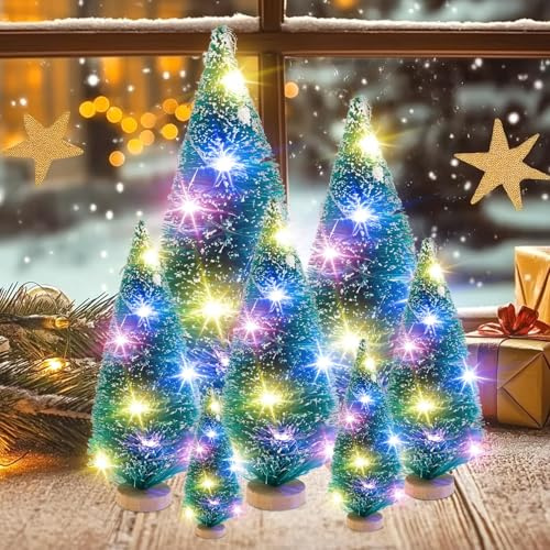 7 Pezzi Mini Albero di Natale, con luce a LED, Alberelli di natale piccoli, Albero di natale piccolo, Mini accessori natalizi, Piccoli Alberi di Natale per Decorazioni Natale, Tavolo, Fai da Te