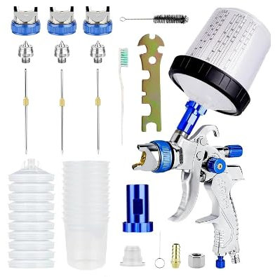 DASIAUTOEM ﻿HVLP Lackierpistole Spritzpistole 3 Düsen 1.4mm 1.7mm 2.0mm Profi Farbsprühsystem Spraypistole mit 600ML Plastikbecher, Luftdruckregler, Becherpistole Farbspritzgerät Fahrzeug Lackierung