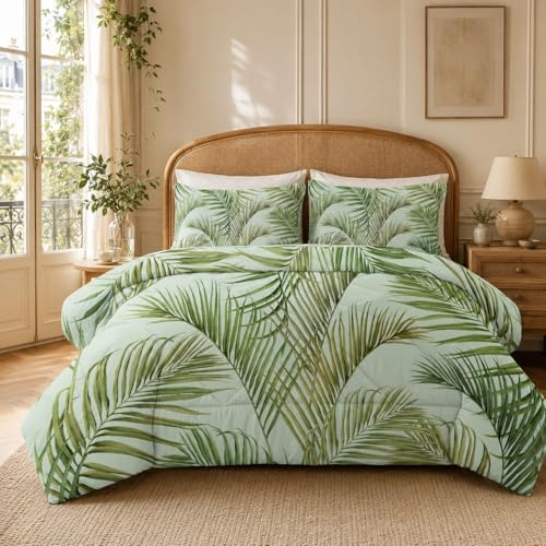LSSLK Couette 240x260 Feuilles de Palmier Vert 4 Saisons Sans Housse 2 Personnes Microfibre Réversible Ultra Douce Lavable en Machine