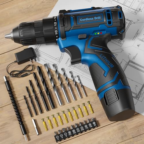 FAHEFANA Cordless Drill Set Blue, 12V Lightweight Electric Screwdriver Driver, Electric Power Drill with Battery & Charger, 3/8 Keyless Chuck, 42 Pcs Accessories, Tool Kit for Home DIY