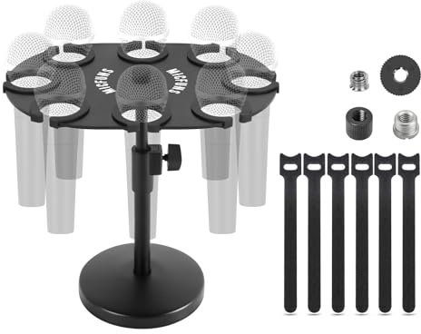 Micfuns TM100 Multi-Mikrofonhalter für Mikrofonständer – quadratischer Tablett-Aufsatz hält bis zu 8 Mikrofone auf der Bühne Organizer und Display mit 8 Anti-Roll-Ringen und Metalladapter mit Ständer