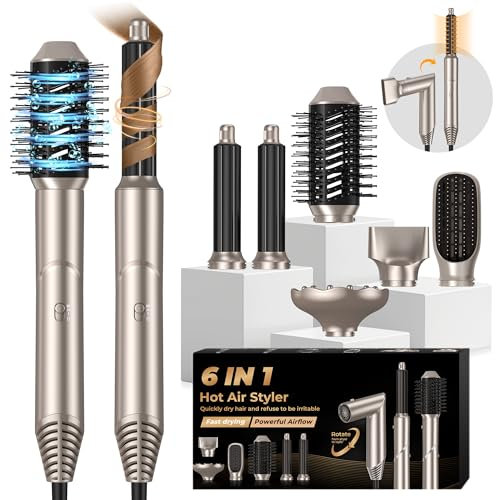 UKLISS Air Styler 6 in 1 Föhn mit Diffusor Luft Lockenstab Automatisch Warmluftbürste Thermal Brush Haartrockner Hairstyler Airstyler Haarstyler Airbrush Stylingbürsten Rundbürstenföhn, Gold