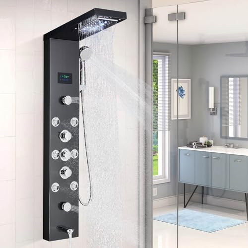 Black Shower Panel Tower Wall Mounted Tower System Shower Tower Panel 5 Functions with 8 Massage Jets，Black