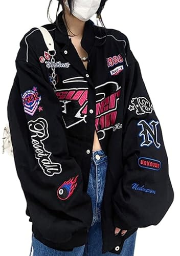 POHADON Women Button Down Varsity Jacket Harajuku Vintage College Baseball Bomber Jacket Coat Korean Clothes Y2K Streetwear (Black,X-Large)