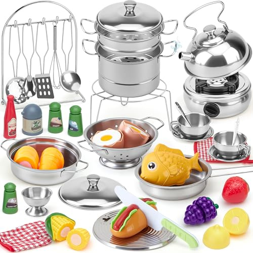 Toylink Toy Kitchen Accessories, Role Play Kids Kitchen Set with Stainless Steel Pots Kettle Cookware & Toy Food, Pretend Play Cooking Games Kids Toys Educational Gift for Birthday Christmas