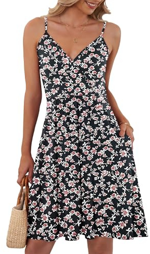 AUSELILY Vestidos Mujer Casual con Tirantes Cuello en V para Vestido Informal Hay Dos Bolsillos Flores Rojas Negro L