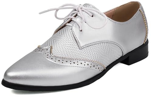 Chaussures Oxford À Bout Ailé en Similicuir pour Femme Classiques À Lacets Brogues Plates À Talon Bas Style Vintage Confortables,Argent,37 EU