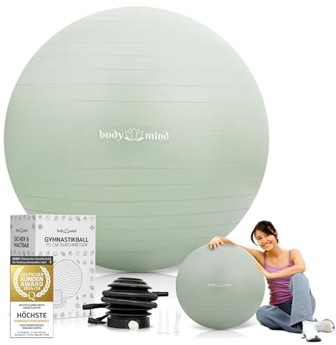 Body & Mind Gymnastikball inkl. Luftpumpe - Anti-Burst Pilates Ball, Pezziball für Schwangerschaft, Ergonomischer Sitz als Büro-Stuhl, Sitzball für Yoga, Gymnastik & Workout (Grün, 65 cm)