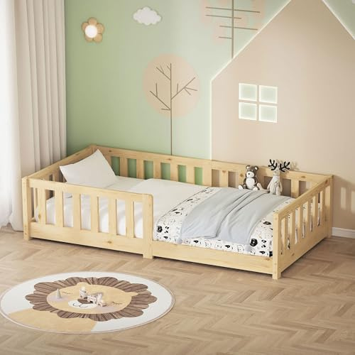 ML-Design Cama de Suelo Infantil 80x160 cm Natural Madera Maciza de Pino con Somier de Láminas y Protección Anticaída Cuna Individual Lecho para Niños y Bebés Mobiliario para Habitación Juvenil