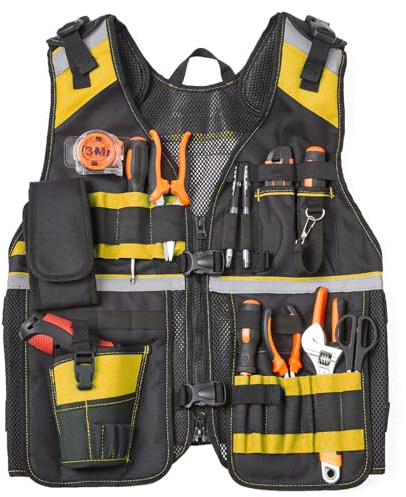 TURAND Electrician Tool Vest for Men, Reflective Safety Work Vest with Adjustable Thick Straps, Removable Phone Holder for Electrical, Carpenters, Construction, 22 Pockets