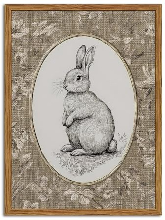Framed Vintage Rabbit Wall Art, Cute Easter Bunny Pictures Wall Decor, Rustic Farmhouse Animal Paintings Canvas Prints Cottagecore Home Decor for Nursery Living Room Bedroom 12x16 inch
