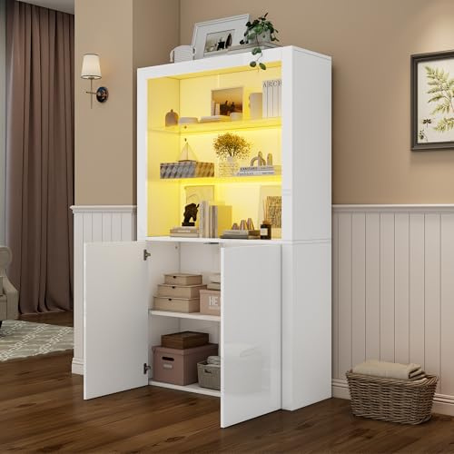 CelticHearth Armadio vetrina con illuminazione a LED, 100 x 35 x 170 cm, bianco lucido, vetro temperato, telecomando, soggiorno