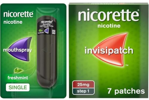Nicorette InvisiPatch (1x 25mg), Step 1, (7 Patches) and Nicorette QuickMist Freshmint Mouthspray (150 Sprays), Nicotine Set, Quick Smoking Aid