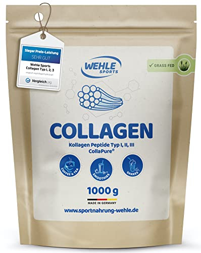 Collagen Pulver 1 kg – Kollagenhydrolysat Peptide Typ I, II & III – Geschmacksneutrales Eiweißpulver – Made in Germany – Wehle Sports (1000g (1er Pack)) - Verpackung kann variieren.