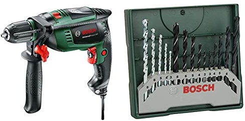 Bosch Universal Impact 800 - Taladro percutor, 800 W, empuñadura adicional, tope de profundidad, maletín (ref. 0603131100) & Mini X-Line - Set de 15 brocas mixto: mini x-line (ref. 2607019675)