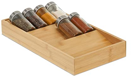 Relaxdays Gewürzregal Schublade, Bambus, HxBxT: 5 x 20 x 38 cm, 3 Stufen, Schubladeneinsatz Gewürze, Gewürzhalter, Natur