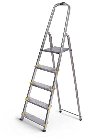 Escabeau 5 marches DURA Pliable, marchepied léger en Aluminium, Hauteur Plateforme 97cm, Pieds antidérapants, Charge 150kg, Garantie 5 Ans Hoström