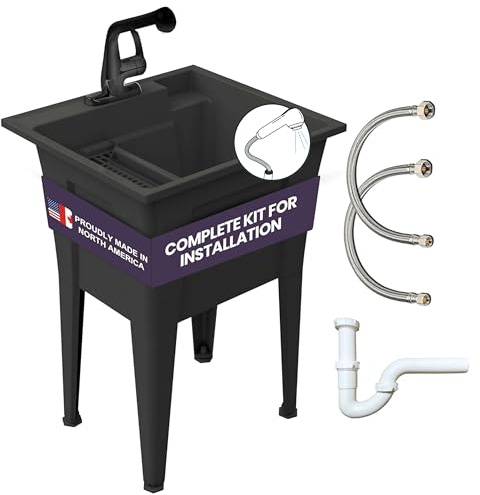 Freestanding Utility Sink with One Handle Black Faucet - 24 Plastic Utility Sink for Garage, Laundry, Indoor and Oudoor Use - Laundry Tub Kit by Noah William Home - Black (19.5 gal)