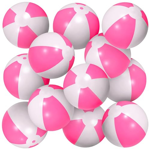 AMOR PRESENT 12PCS Beach Balls Bulk, 8.5 Pink and White Inflatable Blow Up Pool Balls, for Kids Swimming Pool Beach Party
