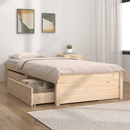 IKAYAA Marco de cama individual de madera maciza de pino con cajones, cama individual con almacenamiento, marco de madera natural, 90 x 190 cm, natural: 90 x 190 cm