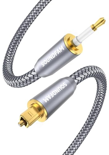 SOUNDFAM 2m Mini-TOSLINK Optisches Audiokabel Mini-TOSLINK auf TOSLINK, Digitales S/PDIF/Glasfaserkabel für Soundbar, Chromecast Audio, Stereoanlage/Verstärker, HiFi-Geräte–Grau