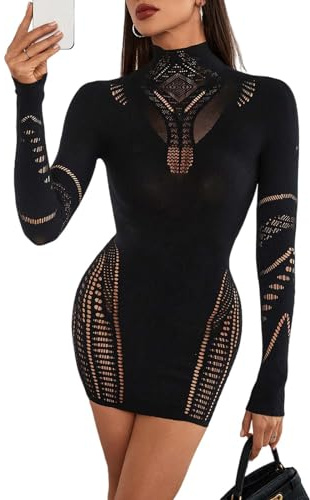 AVZXSA Women's 2025 Sexy Club Mini Dress Lace Babydoll High Neck Long Sleeve Cutout Short Bodycon Dresses, Black, M